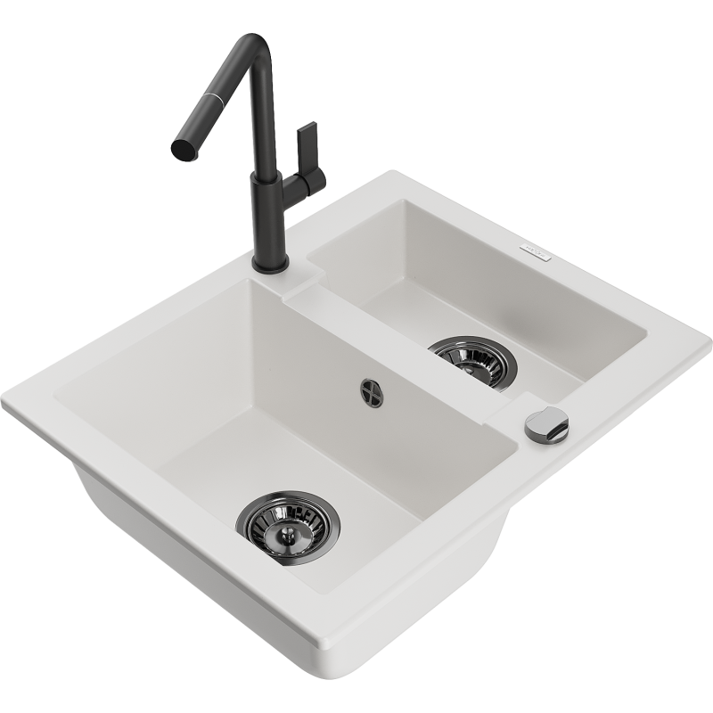 Mexen Carlos zlewozmywak granitowy 1,5-komorowy z baterią kuchenną Flora, biały - 6518-20-670401-70-B