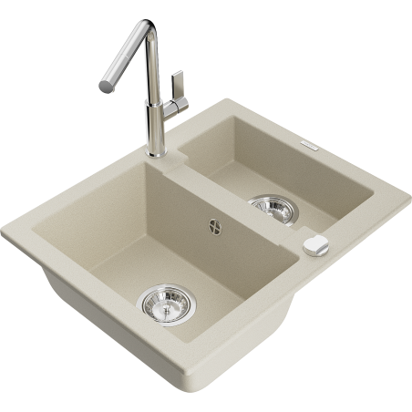 Mexen Carlos zlewozmywak granitowy 1,5-komorowy z baterią kuchenną Flora, beżowy - 6518-69-670401-00