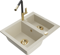 Mexen Carlos zlewozmywak granitowy 1,5-komorowy z baterią kuchenną Flora, beżowy - 6518-69-670401-57-G