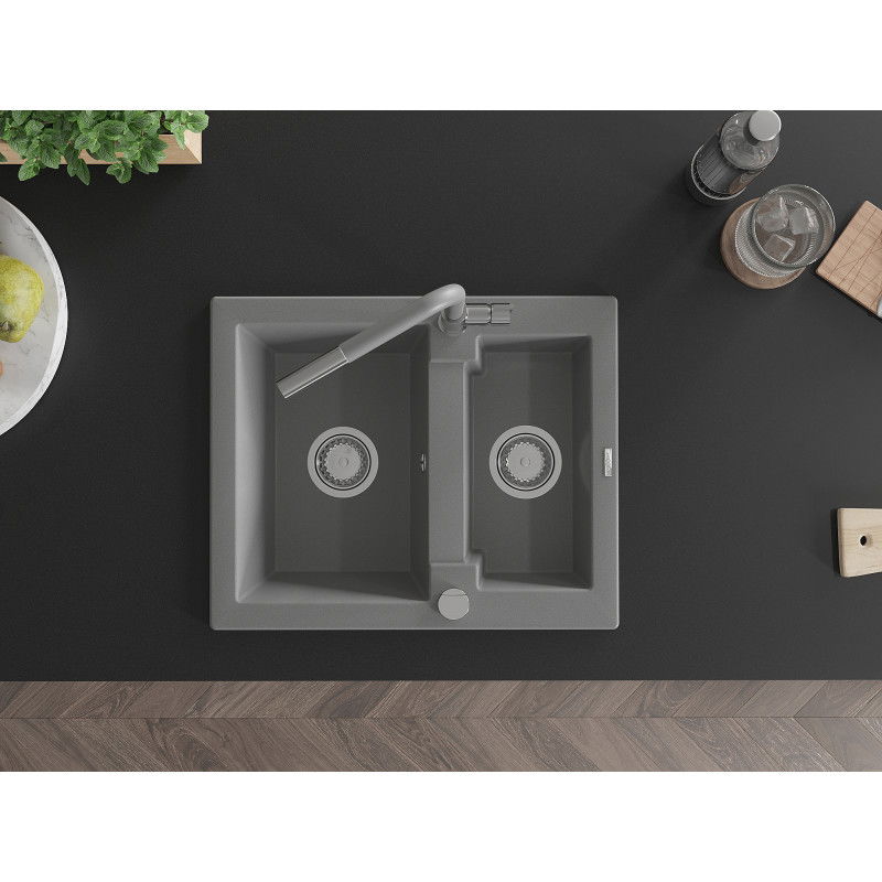 Mexen Carlos zlewozmywak granitowy 1,5-komorowy z baterią kuchenną Flora, szary - 6518-71-670401-06
