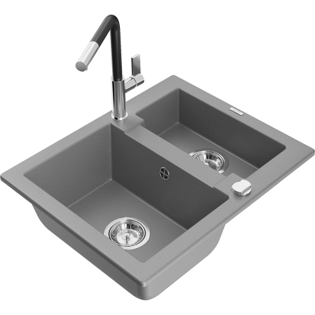 Mexen Carlos zlewozmywak granitowy 1,5-komorowy z baterią kuchenną Flora, szary - 6518-71-670401-07