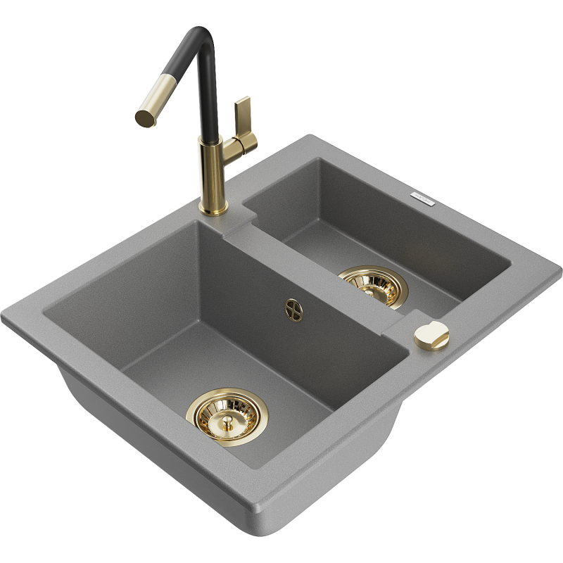 Mexen Carlos zlewozmywak granitowy 1,5-komorowy z baterią kuchenną Flora, szary - 6518-71-670401-57-G