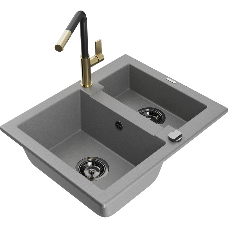 Mexen Carlos zlewozmywak granitowy 1,5-komorowy z baterią kuchenną Flora, szary - 6518-71-670401-57-B