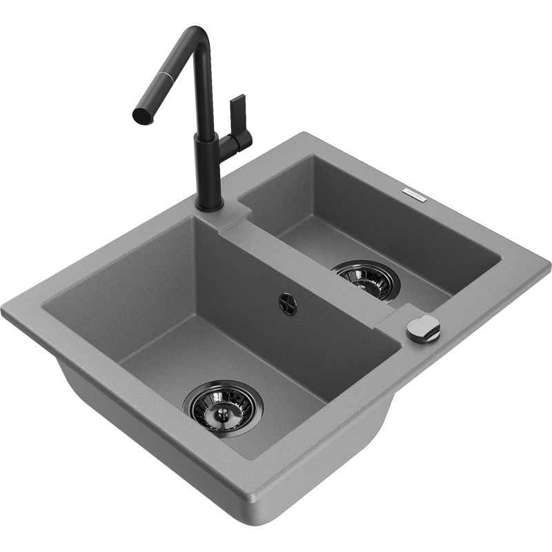 Mexen Carlos zlewozmywak granitowy 1,5-komorowy z baterią kuchenną Flora, szary - 6518-71-670401-70-B