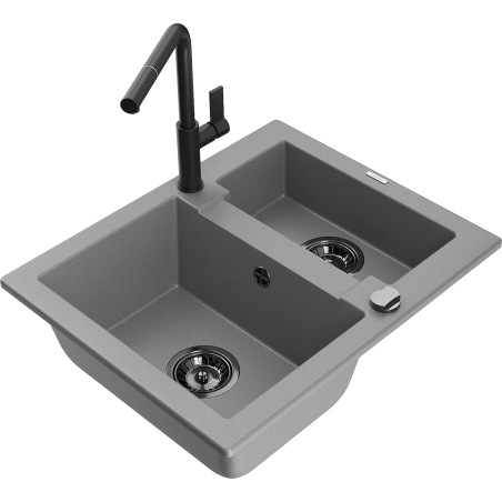 Mexen Carlos zlewozmywak granitowy 1,5-komorowy z baterią kuchenną Flora, szary - 6518-71-670401-70-B