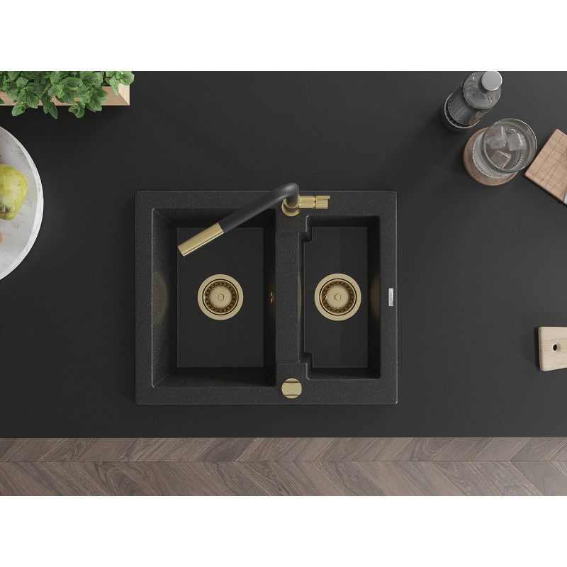 Mexen Carlos zlewozmywak granitowy 1,5-komorowy z baterią kuchenną Flora, czarny/srebrny metalik - 6518-73-670401-57-G