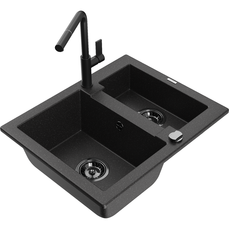 Mexen Carlos zlewozmywak granitowy 1,5-komorowy z baterią kuchenną Flora, czarny/srebrny metalik - 6518-73-670401-70-B