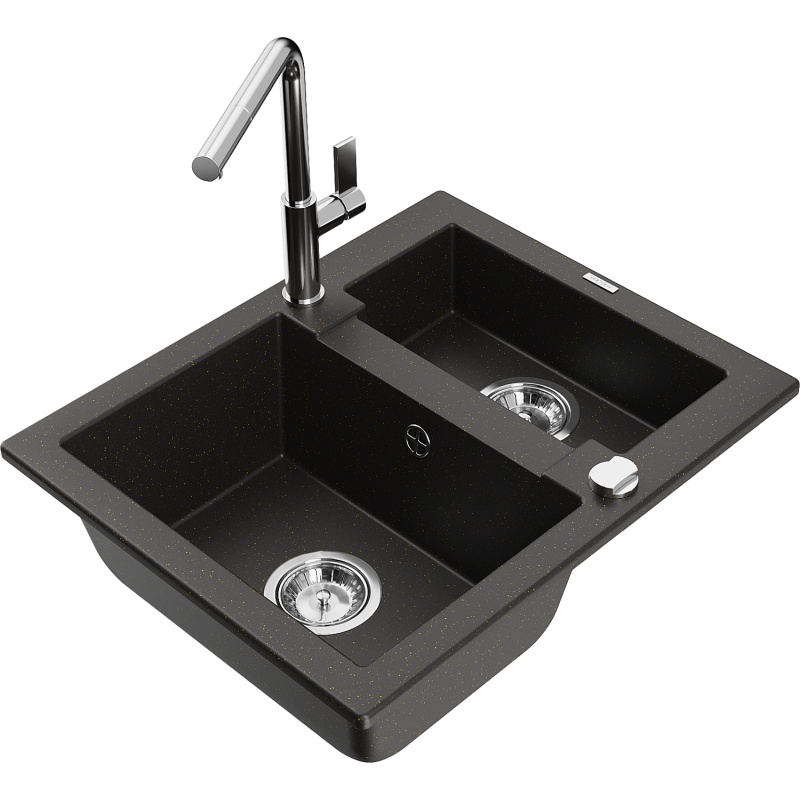 Mexen Carlos zlewozmywak granitowy 1,5-komorowy z baterią kuchenną Flora, czarny/złoty metalik - 6518-75-670401-00