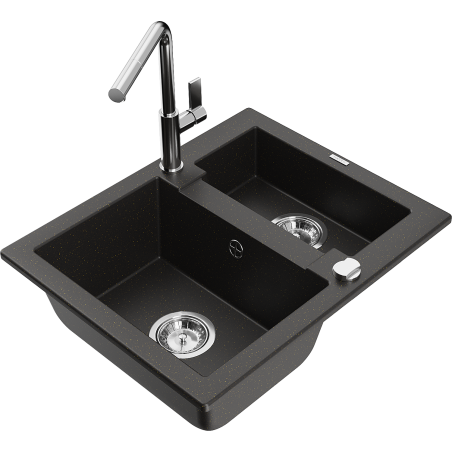 Mexen Carlos zlewozmywak granitowy 1,5-komorowy z baterią kuchenną Flora, czarny/złoty metalik - 6518-75-670401-00