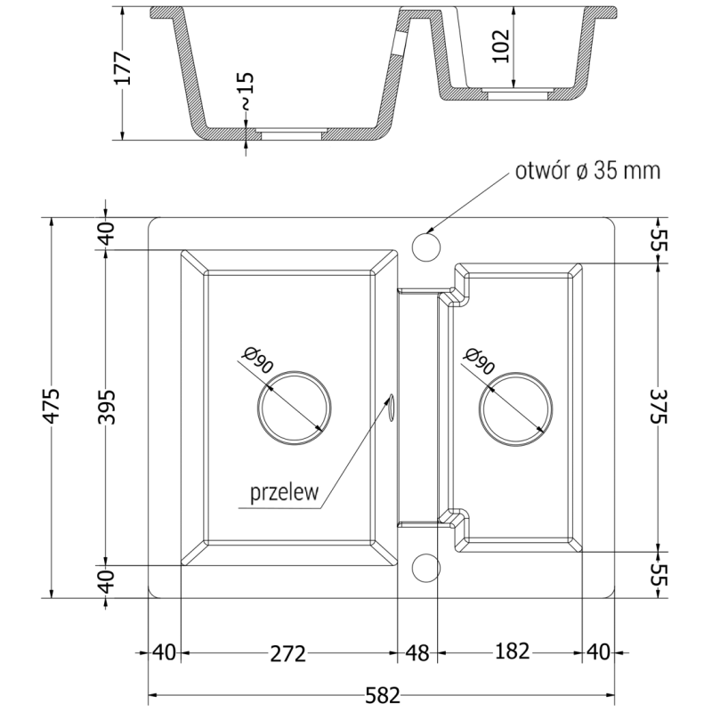 Mexen Carlos zlewozmywak granitowy 1,5-komorowy z baterią kuchenną Flora, czarny/złoty metalik - 6518-75-670401-00
