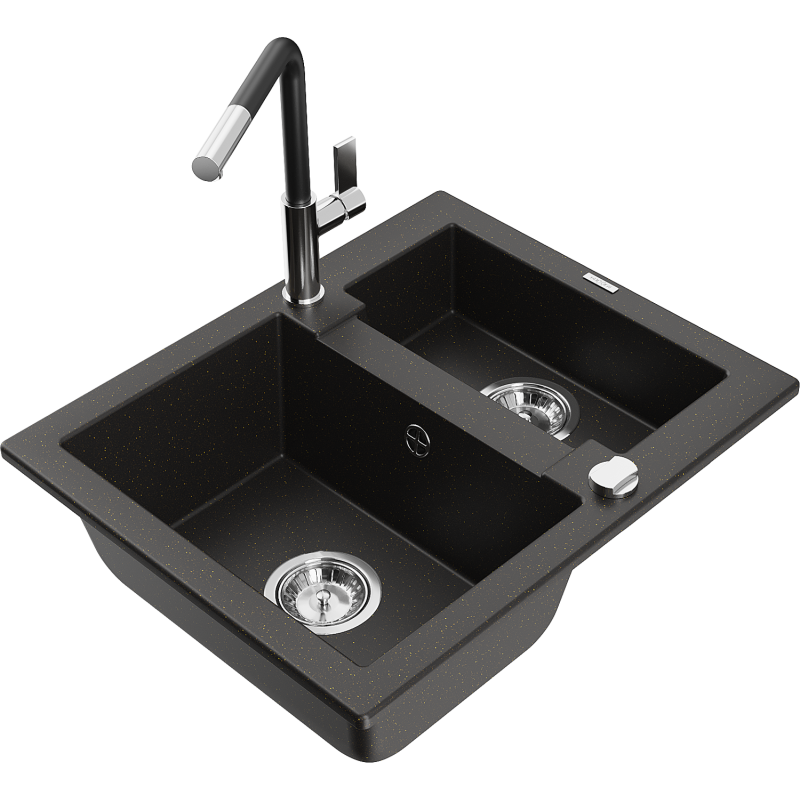 Mexen Carlos zlewozmywak granitowy 1,5-komorowy z baterią kuchenną Flora, czarny/złoty metalik - 6518-75-670401-07