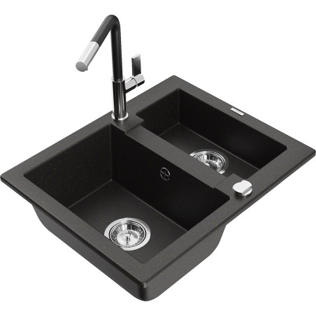 Mexen Carlos zlewozmywak granitowy 1,5-komorowy z baterią kuchenną Flora, czarny/złoty metalik - 6518-75-670401-07