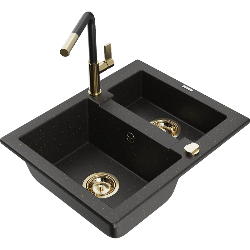Mexen Carlos zlewozmywak granitowy 1,5-komorowy z baterią kuchenną Flora, czarny/złoty metalik - 6518-75-670401-57-G