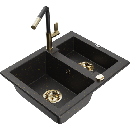 Mexen Carlos zlewozmywak granitowy 1,5-komorowy z baterią kuchenną Flora, czarny/złoty metalik - 6518-75-670401-57-G