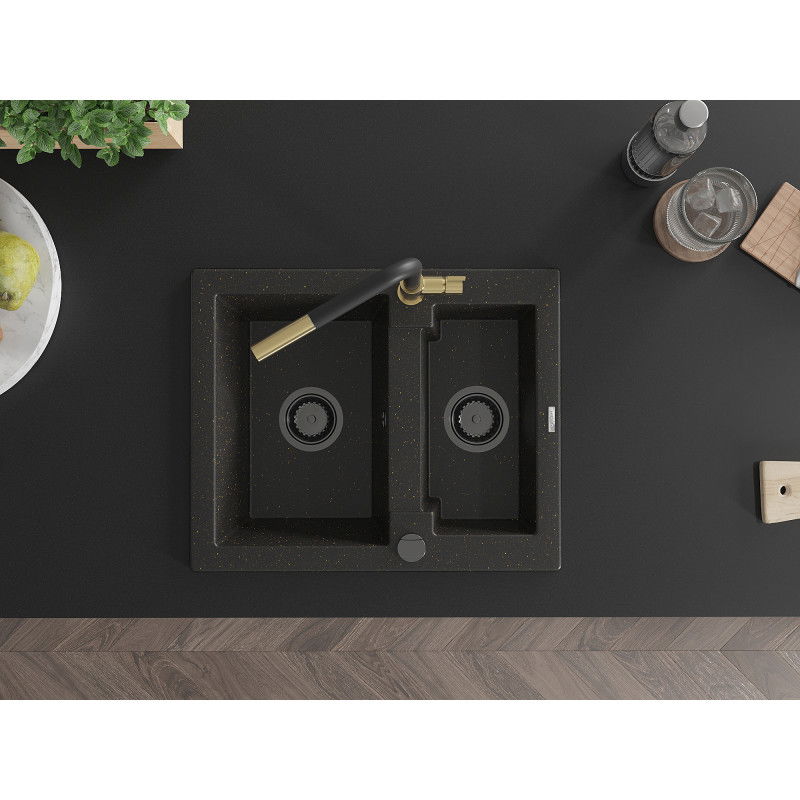 Mexen Carlos zlewozmywak granitowy 1,5-komorowy z baterią kuchenną Flora, czarny/złoty metalik - 6518-75-670401-57-B
