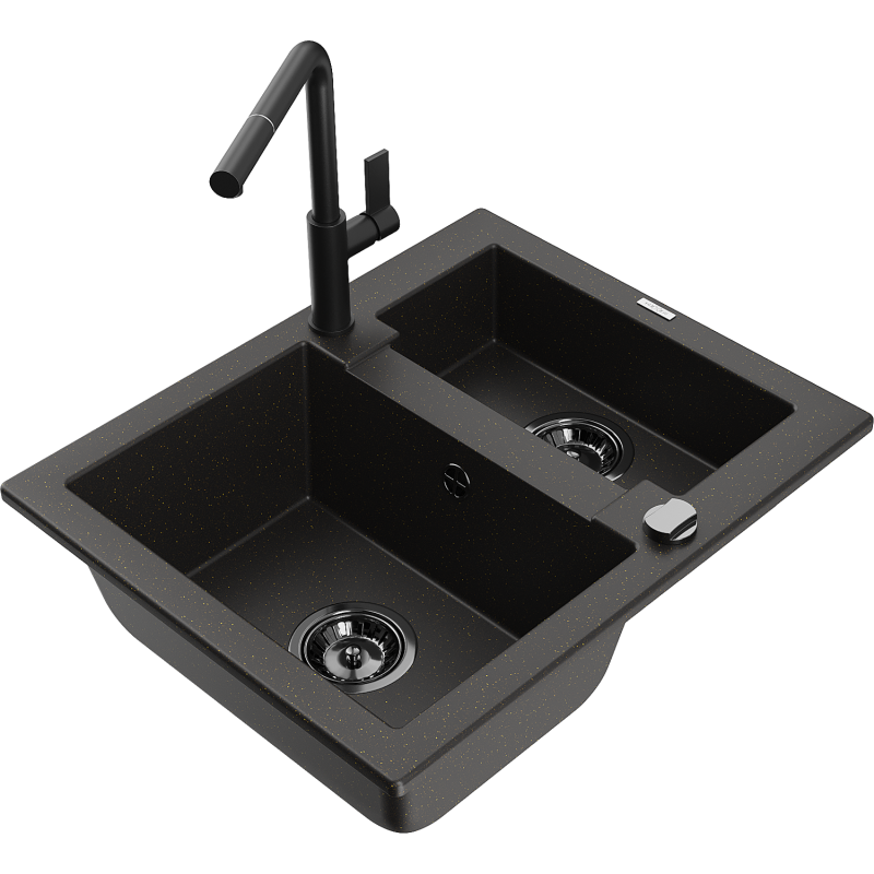 Mexen Carlos zlewozmywak granitowy 1,5-komorowy z baterią kuchenną Flora, czarny/złoty metalik - 6518-75-670401-70-B