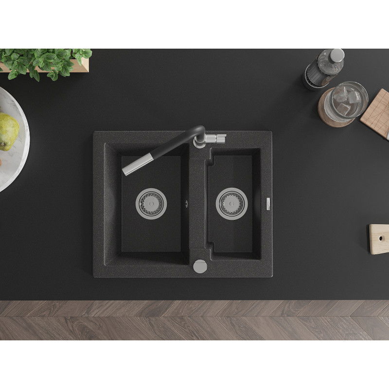 Mexen Carlos zlewozmywak granitowy 1,5-komorowy z baterią kuchenną Flora, czarny nakrapiany - 6518-76-670401-07
