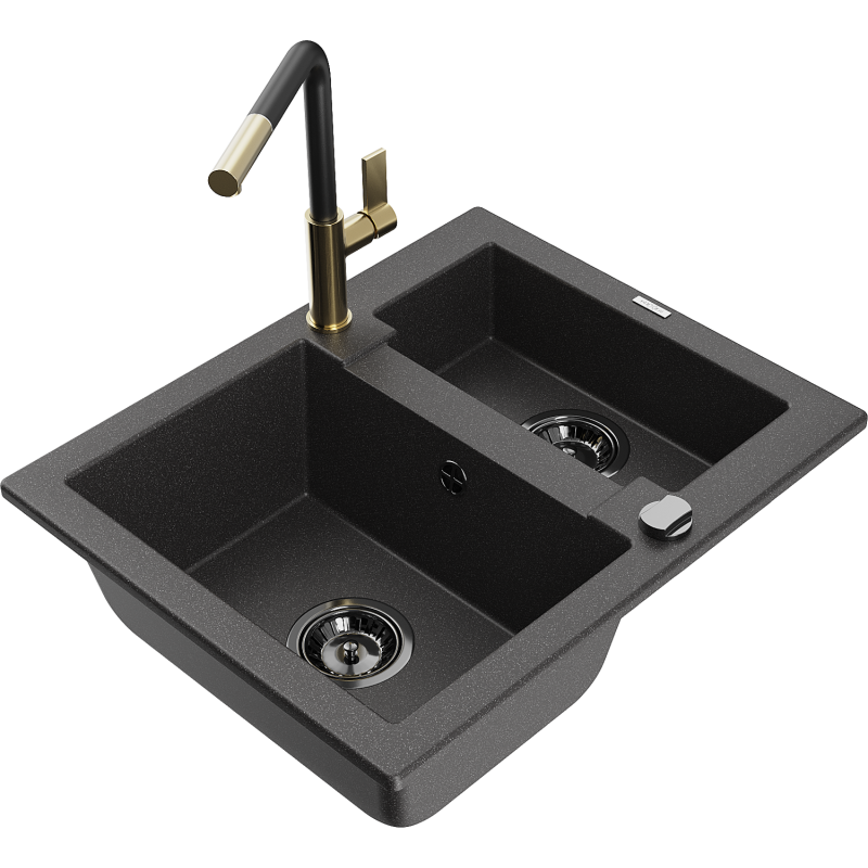 Mexen Carlos zlewozmywak granitowy 1,5-komorowy z baterią kuchenną Flora, czarny nakrapiany - 6518-76-670401-57-B