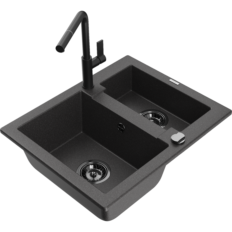 Mexen Carlos zlewozmywak granitowy 1,5-komorowy z baterią kuchenną Flora, czarny nakrapiany - 6518-76-670401-70-B