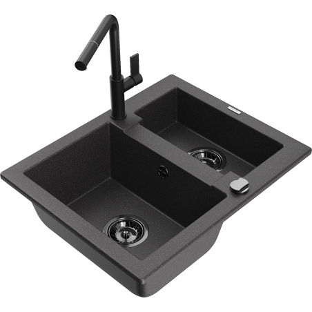 Mexen Carlos zlewozmywak granitowy 1,5-komorowy z baterią kuchenną Flora, czarny nakrapiany - 6518-76-670401-70-B