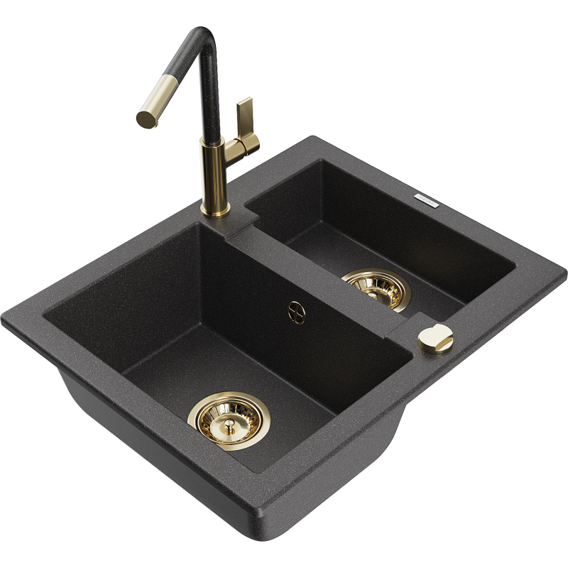 Mexen Carlos zlewozmywak granitowy 1,5-komorowy z baterią kuchenną Flora, czarny nakrapiany - 6518-76-670401-75-G