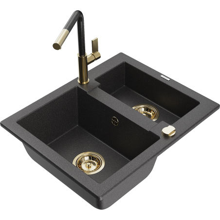 Mexen Carlos zlewozmywak granitowy 1,5-komorowy z baterią kuchenną Flora, czarny nakrapiany - 6518-76-670401-75-G
