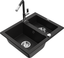 Mexen Carlos zlewozmywak granitowy 1,5-komorowy z baterią kuchenną Flora, czarny - 6518-77-670401-07