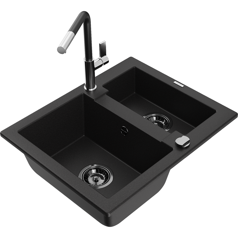 Mexen Carlos zlewozmywak granitowy 1,5-komorowy z baterią kuchenną Flora, czarny - 6518-77-670401-07-B