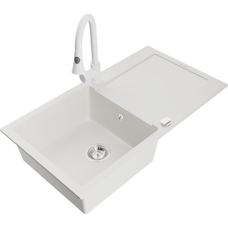 Mexen Leo zlewozmywak granitowy 1-komorowy z ociekaczem i baterią kuchenną Elia, biały - 6501-20-670101-20