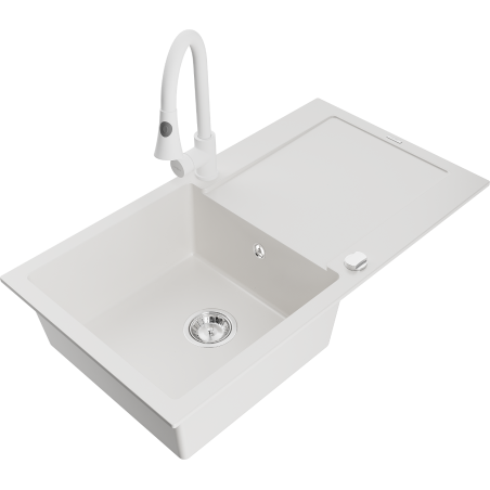 Mexen Leo zlewozmywak granitowy 1-komorowy z ociekaczem i baterią kuchenną Elia, biały - 6501-20-670101-20