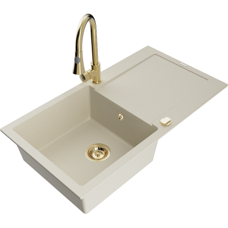 Mexen Leo zlewozmywak granitowy 1-komorowy z ociekaczem i baterią kuchenną Elia, beżowy - 6501-69-670101-50