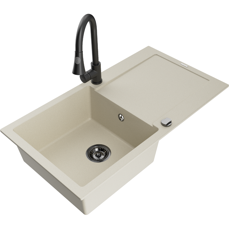 Mexen Leo zlewozmywak granitowy 1-komorowy z ociekaczem i baterią kuchenną Elia, beżowy - 6501-69-670101-70