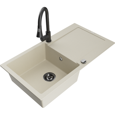 Mexen Leo zlewozmywak granitowy 1-komorowy z ociekaczem i baterią kuchenną Elia, beżowy - 6501-69-670101-70