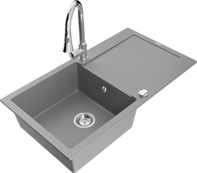 Mexen Leo zlewozmywak granitowy 1-komorowy z ociekaczem i baterią kuchenną Elia, szary - 6501-71-670101-00