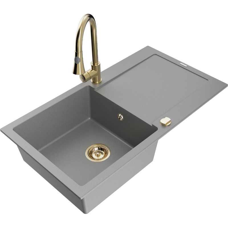 Mexen Leo zlewozmywak granitowy 1-komorowy z ociekaczem i baterią kuchenną Elia, szary - 6501-71-670101-50