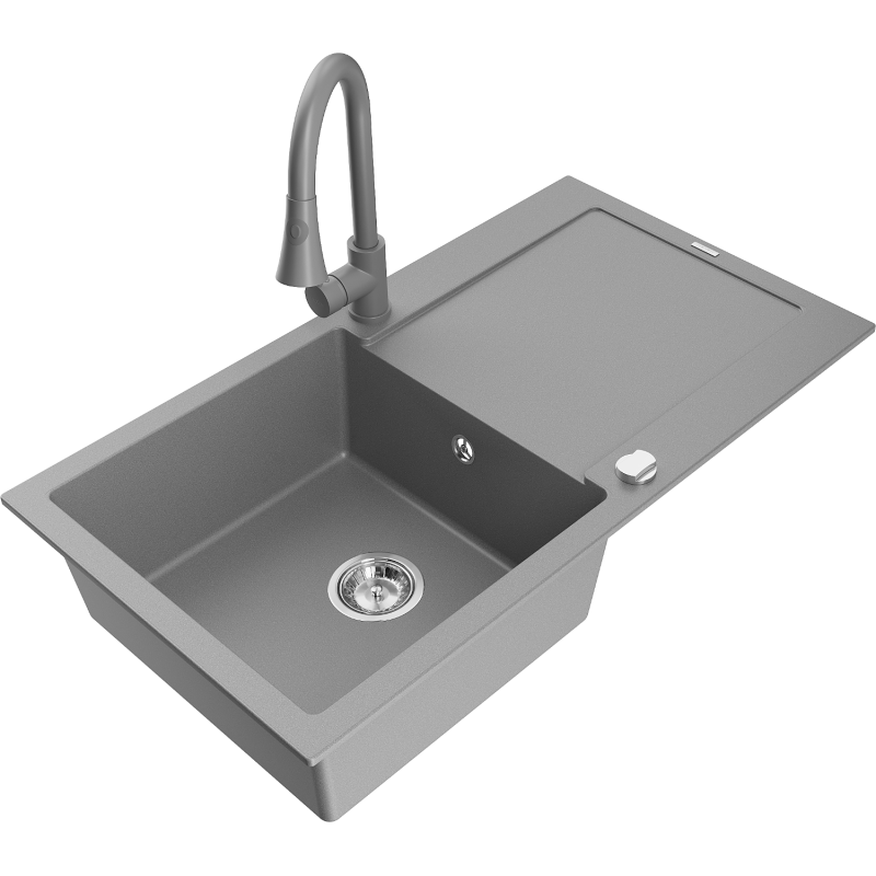 Mexen Leo zlewozmywak granitowy 1-komorowy z ociekaczem i baterią kuchenną Elia, szary - 6501-71-670101-71