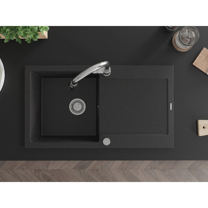Mexen Leo zlewozmywak granitowy 1-komorowy z ociekaczem i baterią kuchenną Elia, czarny/srebrny metalik - 6501-73-670101-00