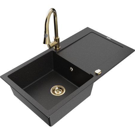 Mexen Leo zlewozmywak granitowy 1-komorowy z ociekaczem i baterią kuchenną Elia, czarny/srebrny metalik - 6501-73-670101-50