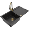 Mexen Leo zlewozmywak granitowy 1-komorowy z ociekaczem i baterią kuchenną Elia, czarny/srebrny metalik - 6501-73-670101-50