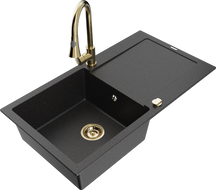 Mexen Leo zlewozmywak granitowy 1-komorowy z ociekaczem i baterią kuchenną Elia, czarny/srebrny metalik - 6501-73-670101-50