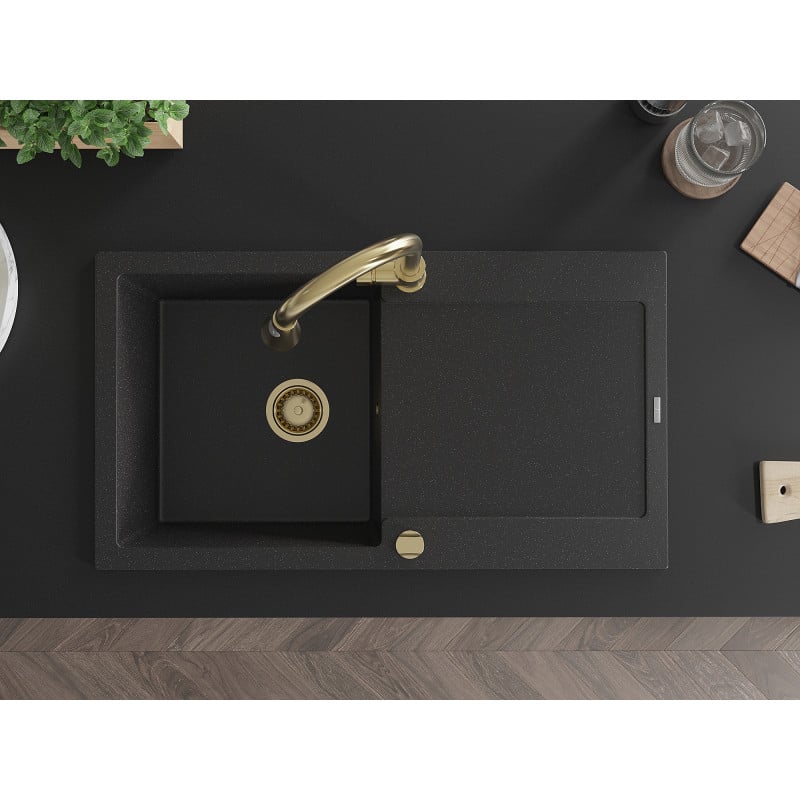 Mexen Leo zlewozmywak granitowy 1-komorowy z ociekaczem i baterią kuchenną Elia, czarny/srebrny metalik - 6501-73-670101-50