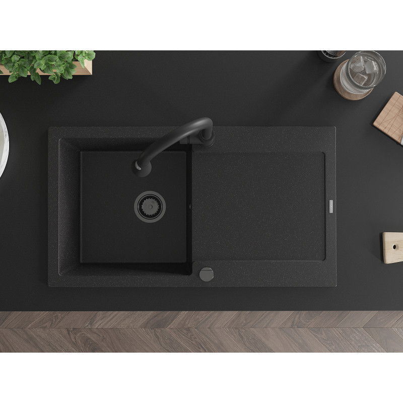 Mexen Leo zlewozmywak granitowy 1-komorowy z ociekaczem i baterią kuchenną Elia, czarny/srebrny metalik - 6501-73-670101-70-B