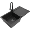 Mexen Leo zlewozmywak granitowy 1-komorowy z ociekaczem i baterią kuchenną Elia, czarny/srebrny metalik - 6501-73-670101-70-B