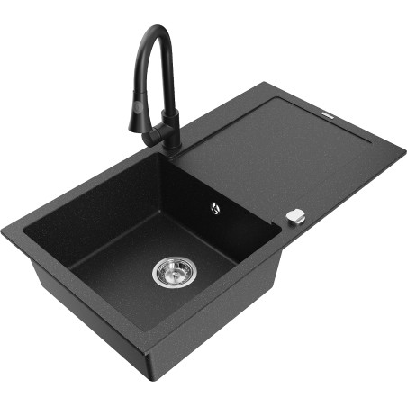 Mexen Leo zlewozmywak granitowy 1-komorowy z ociekaczem i baterią kuchenną Elia, czarny/srebrny metalik - 6501-73-670101-70