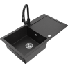 Mexen Leo zlewozmywak granitowy 1-komorowy z ociekaczem i baterią kuchenną Elia, czarny/srebrny metalik - 6501-73-670101-70