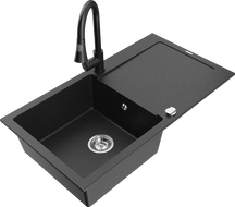 Mexen Leo zlewozmywak granitowy 1-komorowy z ociekaczem i baterią kuchenną Elia, czarny/srebrny metalik - 6501-73-670101-70