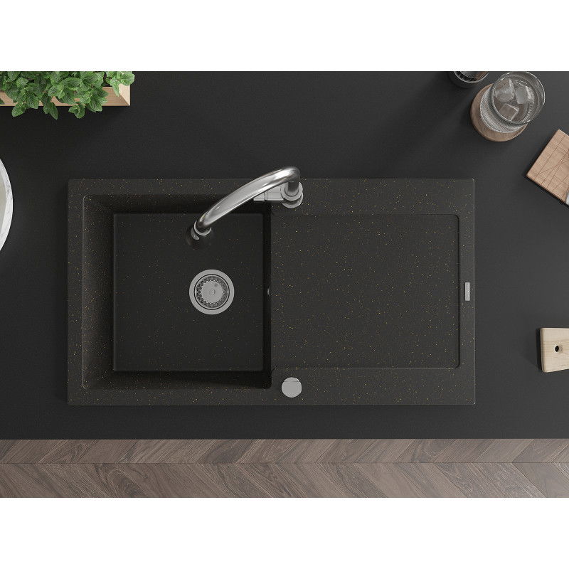 Mexen Leo zlewozmywak granitowy 1-komorowy z ociekaczem i baterią kuchenną Elia, czarny/złoty metalik - 6501-75-670101-00
