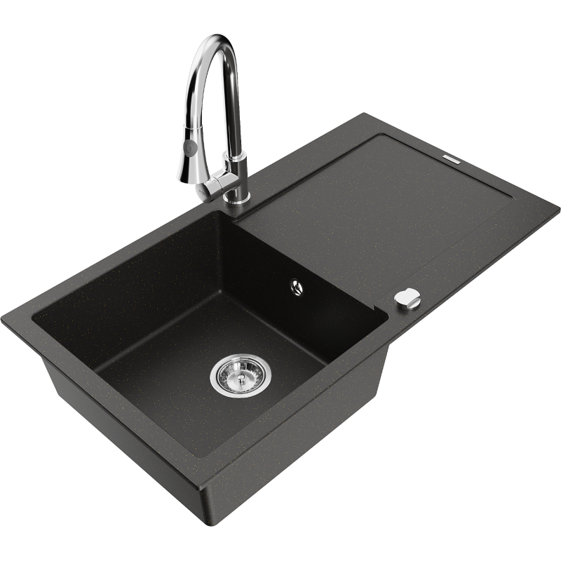 Mexen Leo zlewozmywak granitowy 1-komorowy z ociekaczem i baterią kuchenną Elia, czarny/złoty metalik - 6501-75-670101-00