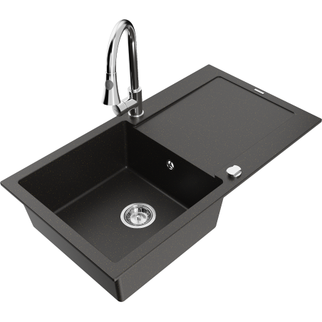 Mexen Leo zlewozmywak granitowy 1-komorowy z ociekaczem i baterią kuchenną Elia, czarny/złoty metalik - 6501-75-670101-00