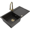 Mexen Leo zlewozmywak granitowy 1-komorowy z ociekaczem i baterią kuchenną Elia, czarny/złoty metalik - 6501-75-670101-50